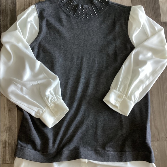 Karl Lagerfeld gray and cream sweater/shirt L - Picture 1 of 5